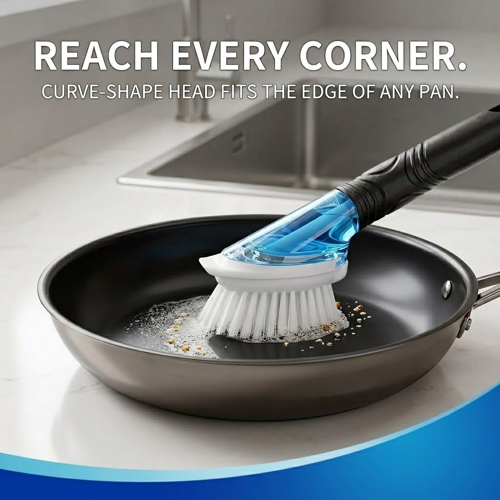 Junavex Push-Button Soap Dispensing Dish Scrubber - All-Purpose Kitchen Scrub Brush for Pots and Pans, Non-Slip Handle Dish Brush with Built-in Soap Dispenser