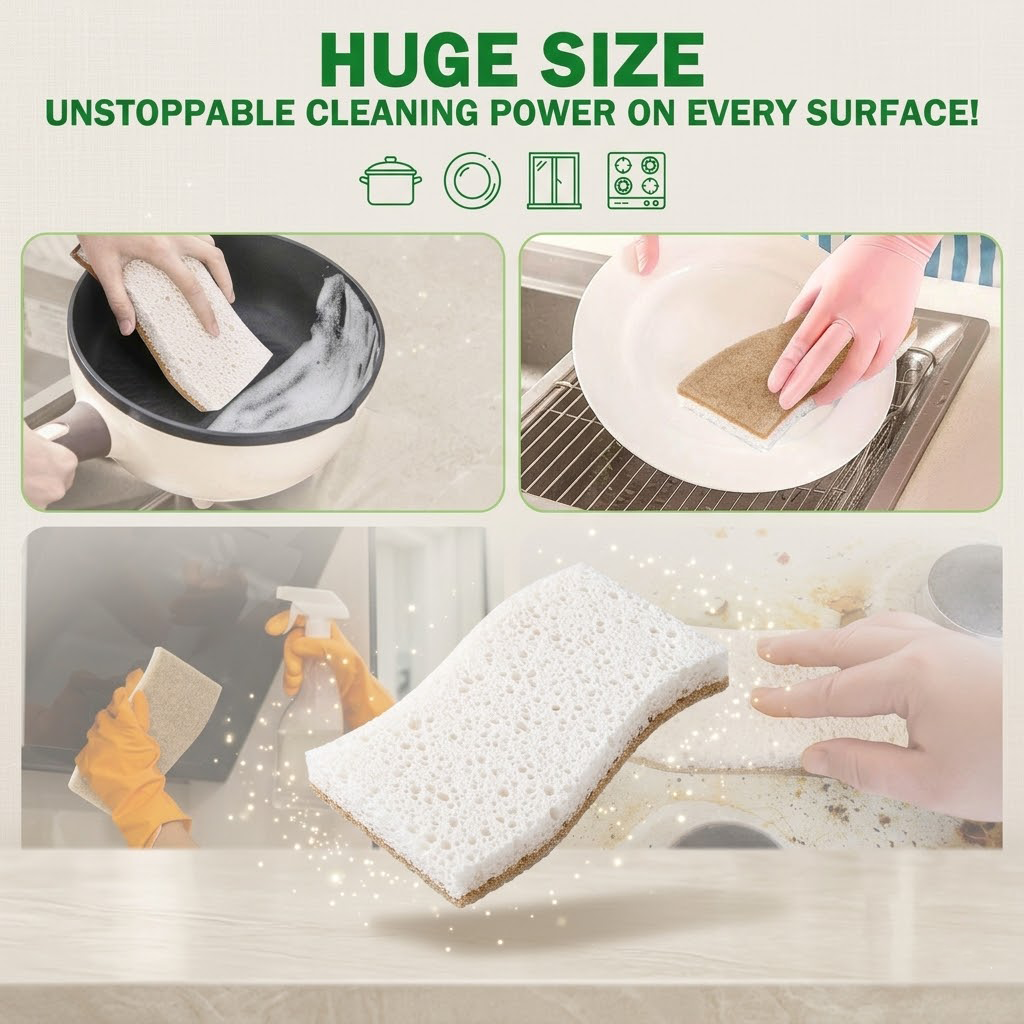 Junavex Premium Natural Cellulose Sponges - Large Non-Scratch Dish Scrubber for Non-Stick Pans and Kitchen Surfaces