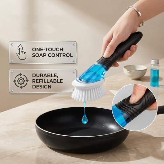 Junavex Push-Button Soap Dispensing Dish Scrubber - All-Purpose Kitchen Scrub Brush for Pots and Pans, Non-Slip Handle Dish Brush with Built-in Soap Dispenser