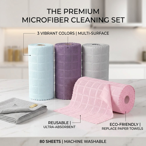 Polishpops® Reusable Microfiber Cleaning Towels (80 Count Roll) - Ultra Absorbent & Lint-Free Washable Rags, Multi-Purpose Tear-Off Dish Cloths for Household Deep Cleaning