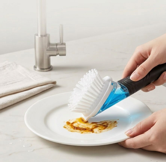 Junavex Push-Button Soap Dispensing Dish Scrubber - All-Purpose Kitchen Scrub Brush for Pots and Pans, Non-Slip Handle Dish Brush with Built-in Soap Dispenser