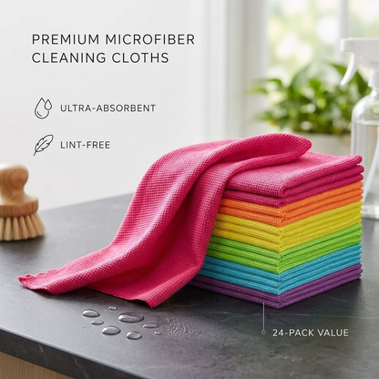 Junavex 24-Pack Premium Microfiber Cleaning Cloths - Highly Absorbent & Lint-Free Reusable Towels for Home Cleaning