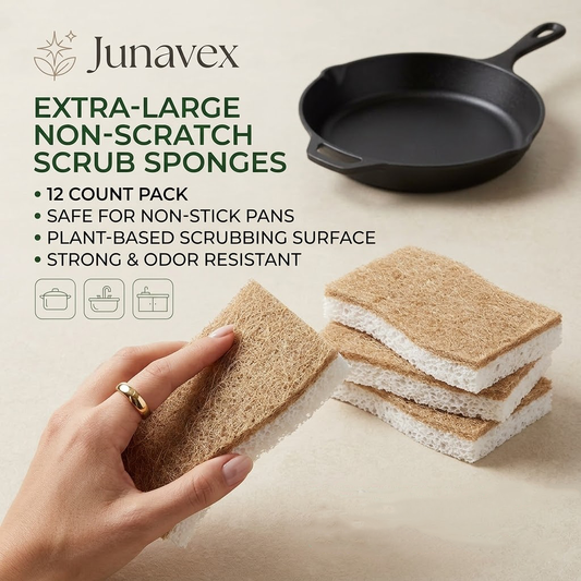 Junavex Premium Natural Cellulose Sponges - Large Non-Scratch Dish Scrubber for Non-Stick Pans and Kitchen Surfaces